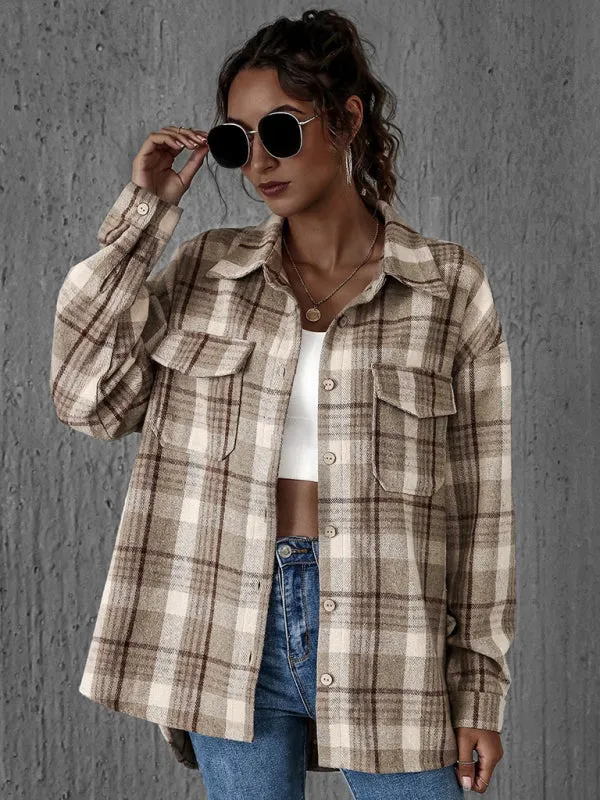 Oversized Casual Warm Tan Plaid Shacket Flannel Shirt Jacket