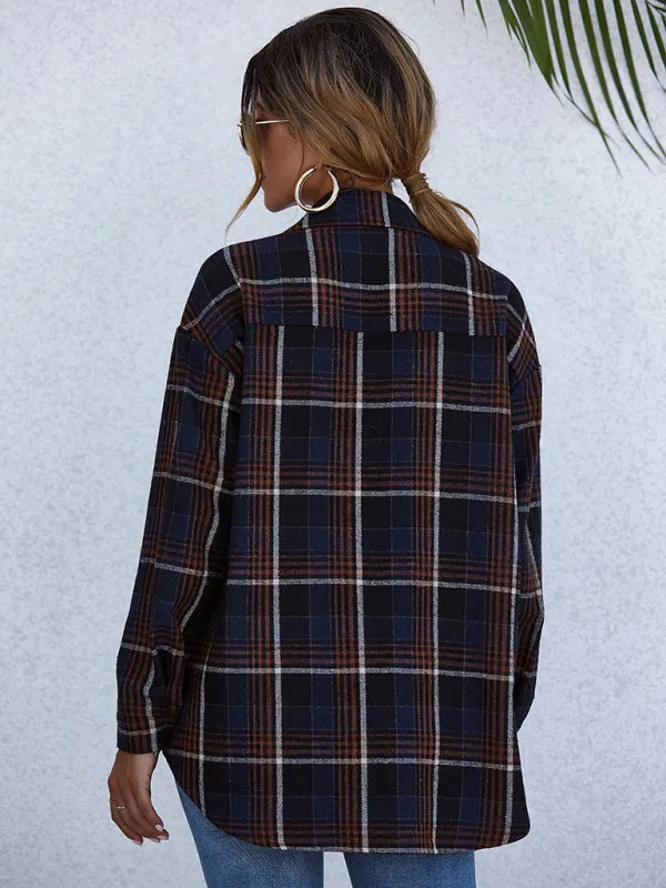 Oversized Casual Warm Tan Plaid Shacket Flannel Shirt Jacket