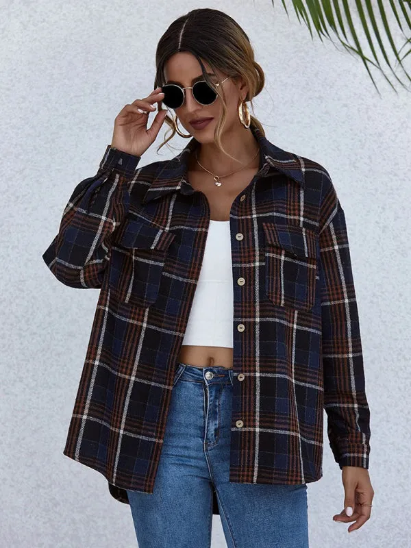 Oversized Casual Warm Tan Plaid Shacket Flannel Shirt Jacket