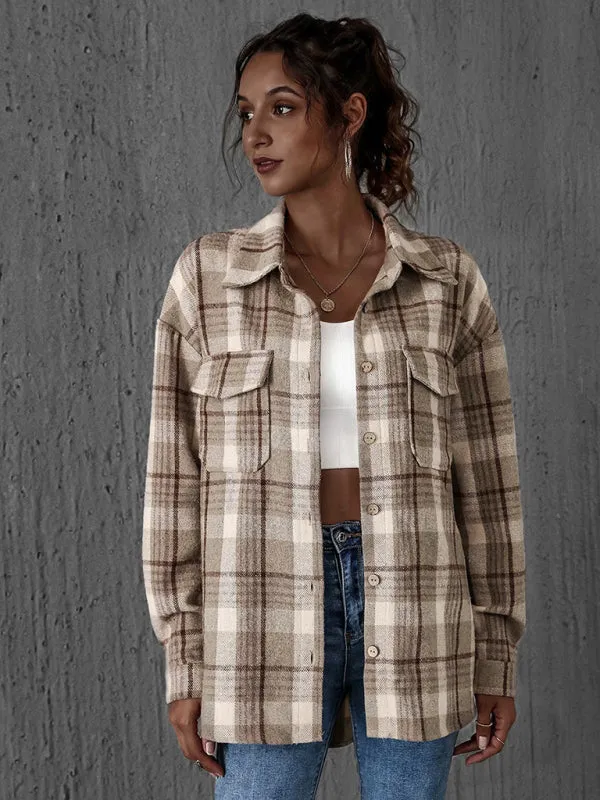 Oversized Casual Warm Tan Plaid Shacket Flannel Shirt Jacket