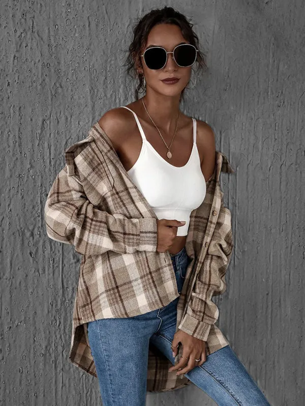 Oversized Casual Warm Tan Plaid Shacket Flannel Shirt Jacket