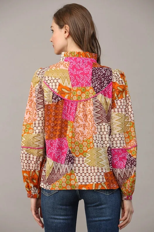 Patchwork Print Piping Detail Blouse