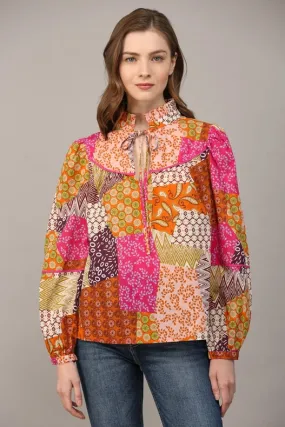 Patchwork Print Piping Detail Blouse