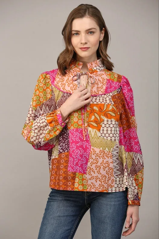 Patchwork Print Piping Detail Blouse