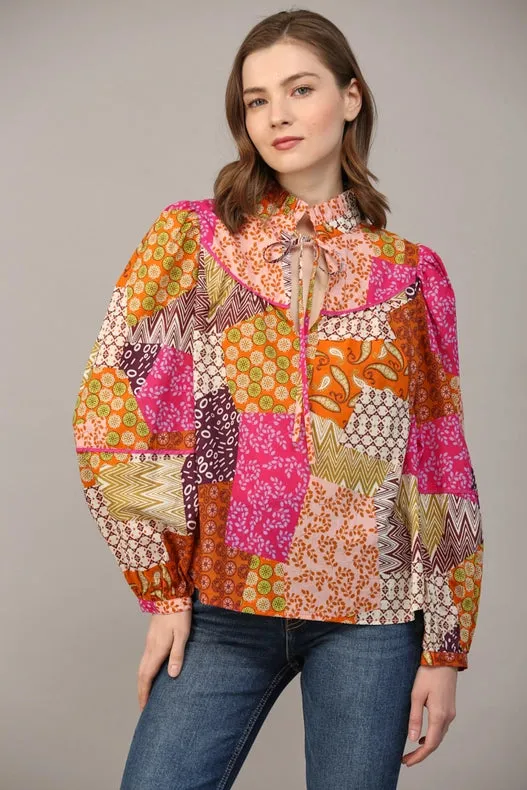 Patchwork Print Piping Detail Blouse