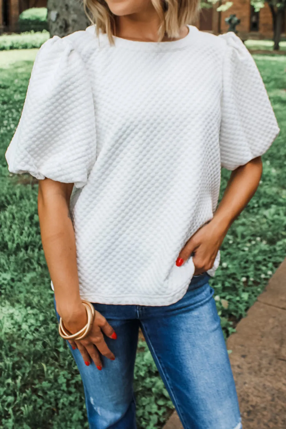 Phalaenopsis Solid Textured O Neck Puff Sleeve Blouse