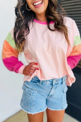 Pink Colorblock Patchwork Long Sleeve Loose Top