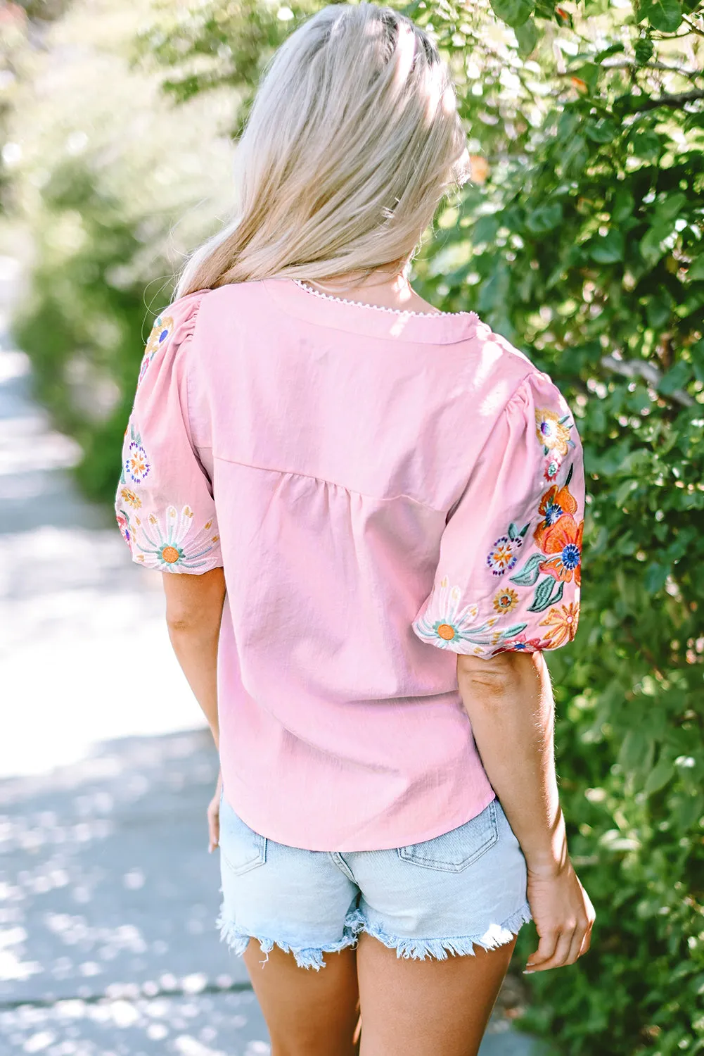 Pink Floral Embroidered Puff Sleeve Split Neck Blouse