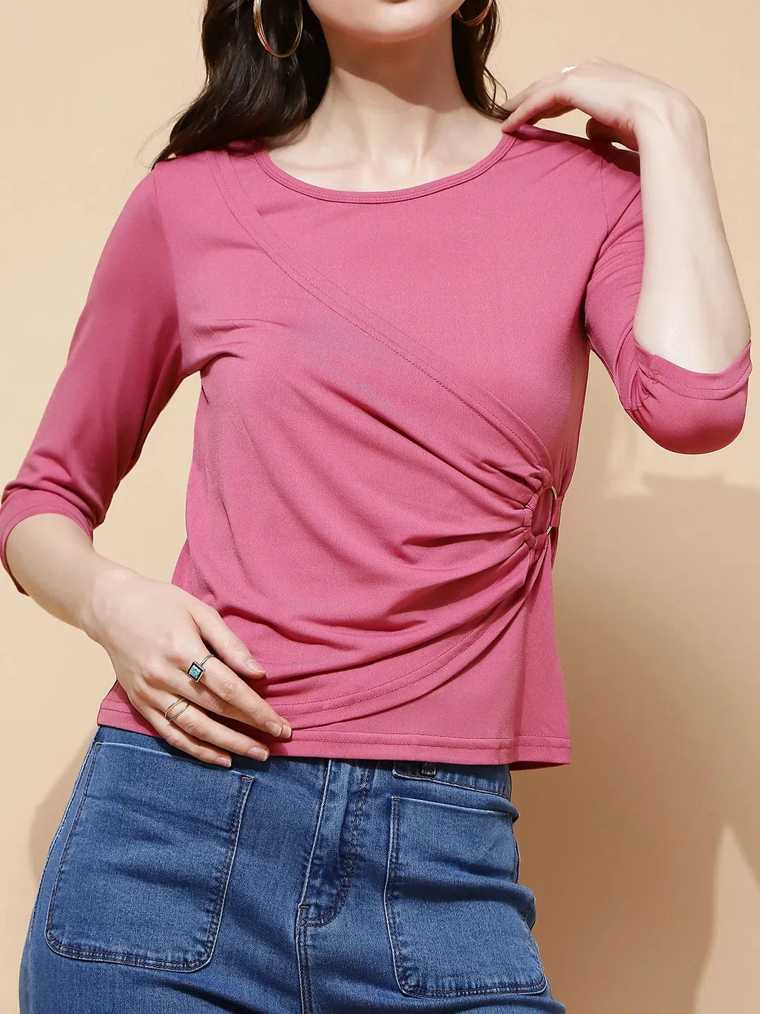 Pink Polyester Blend Regular Fit Top For Women