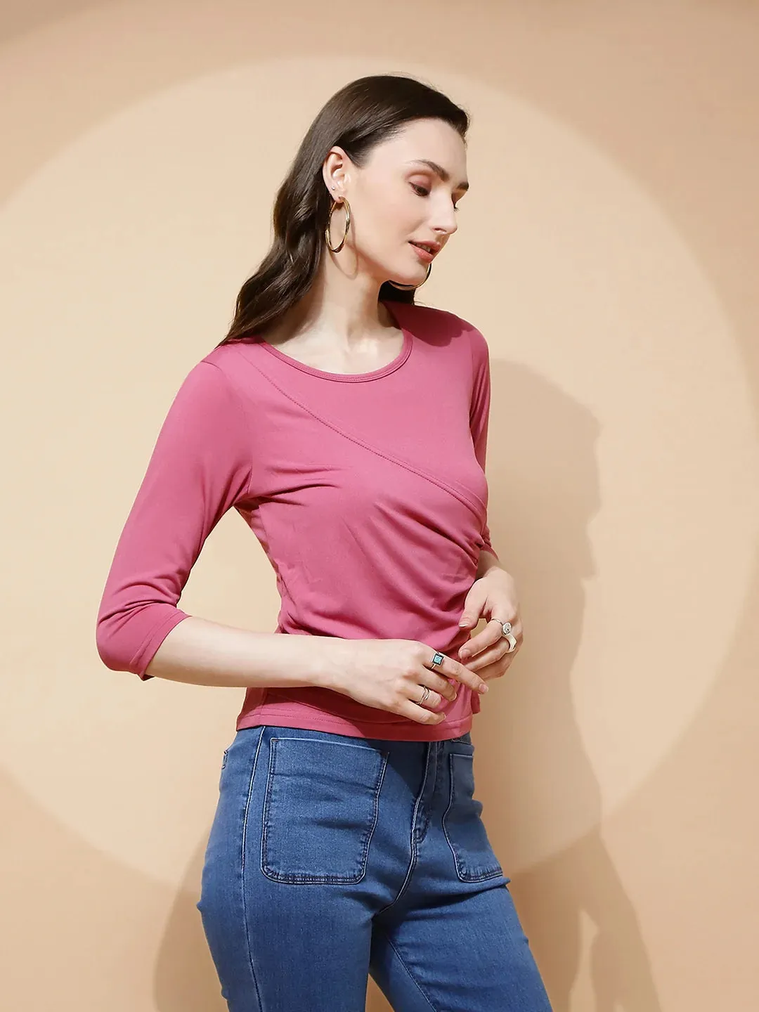 Pink Polyester Blend Regular Fit Top For Women