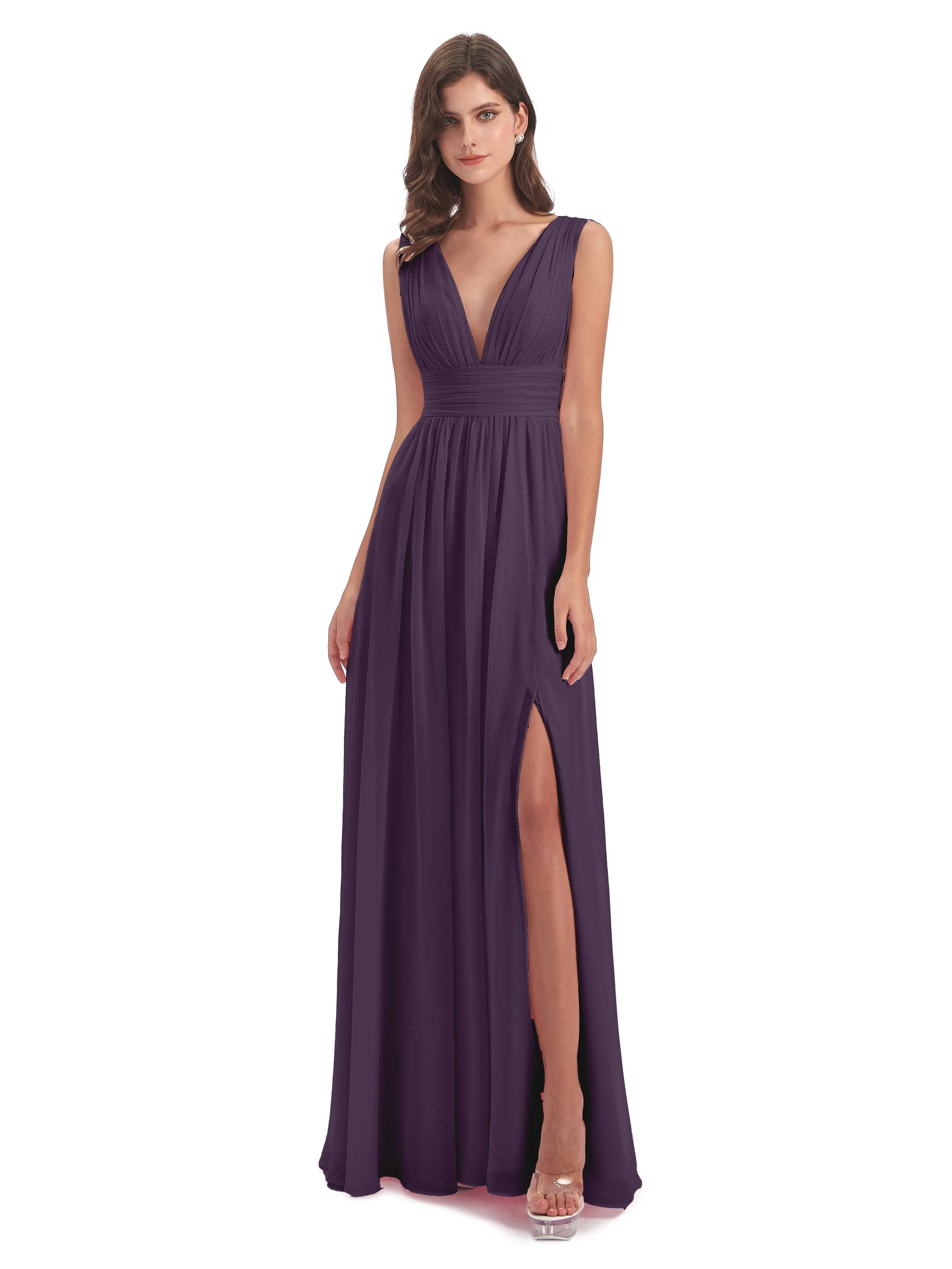 Plum Purple Bridesmaid Dresses Charming Chiffon V Neck Split Long Bridesmaid Dresses