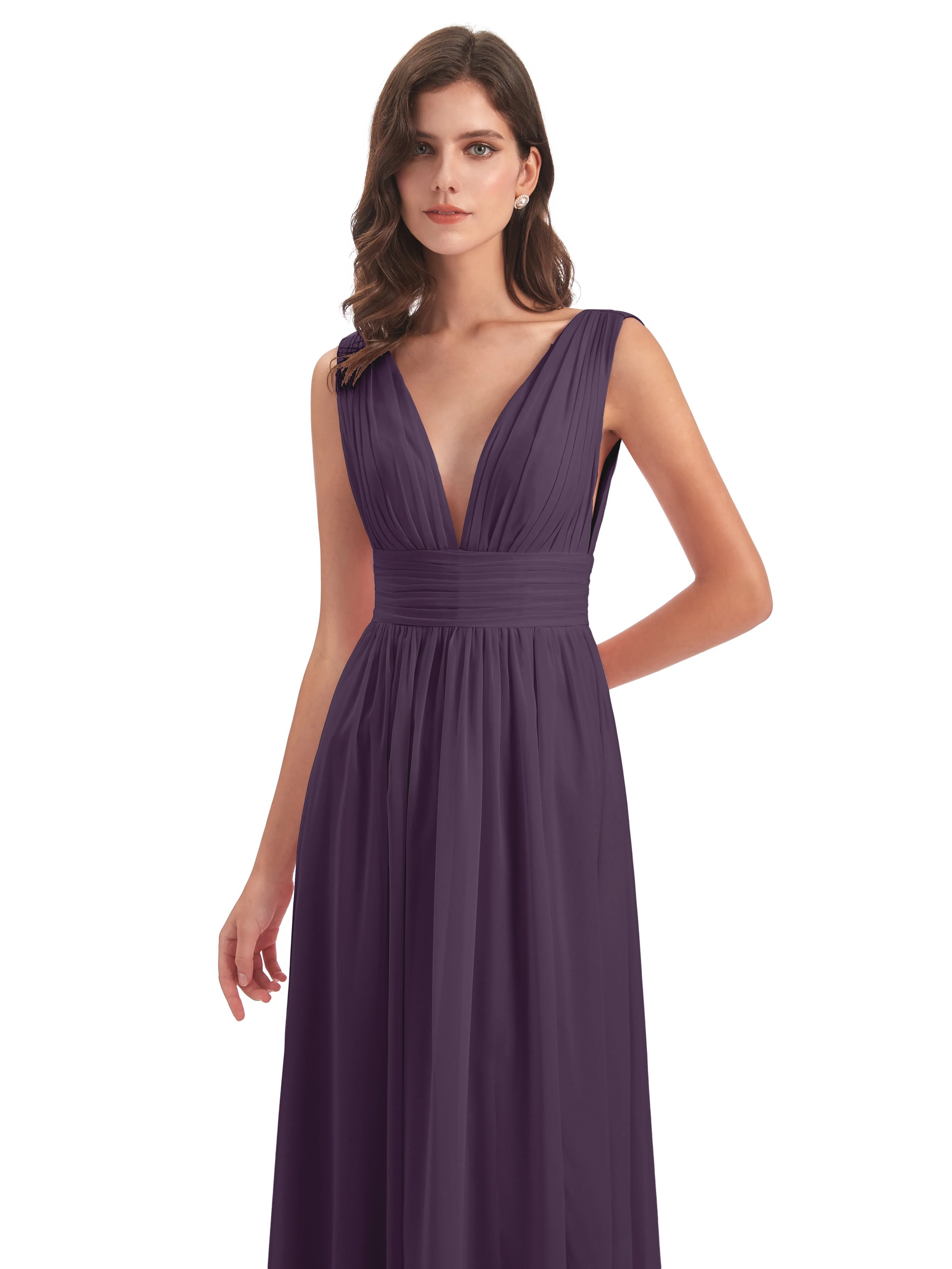 Plum Purple Bridesmaid Dresses Charming Chiffon V Neck Split Long Bridesmaid Dresses