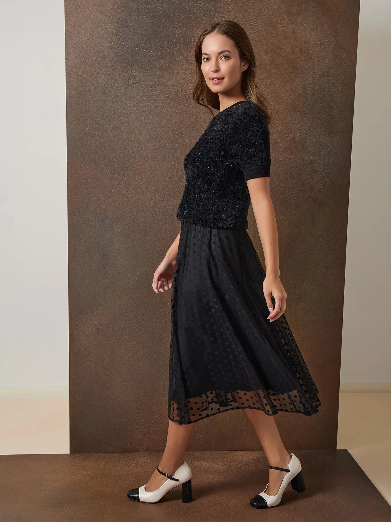 Pull-On Shirred Skirt, Flocked Dot