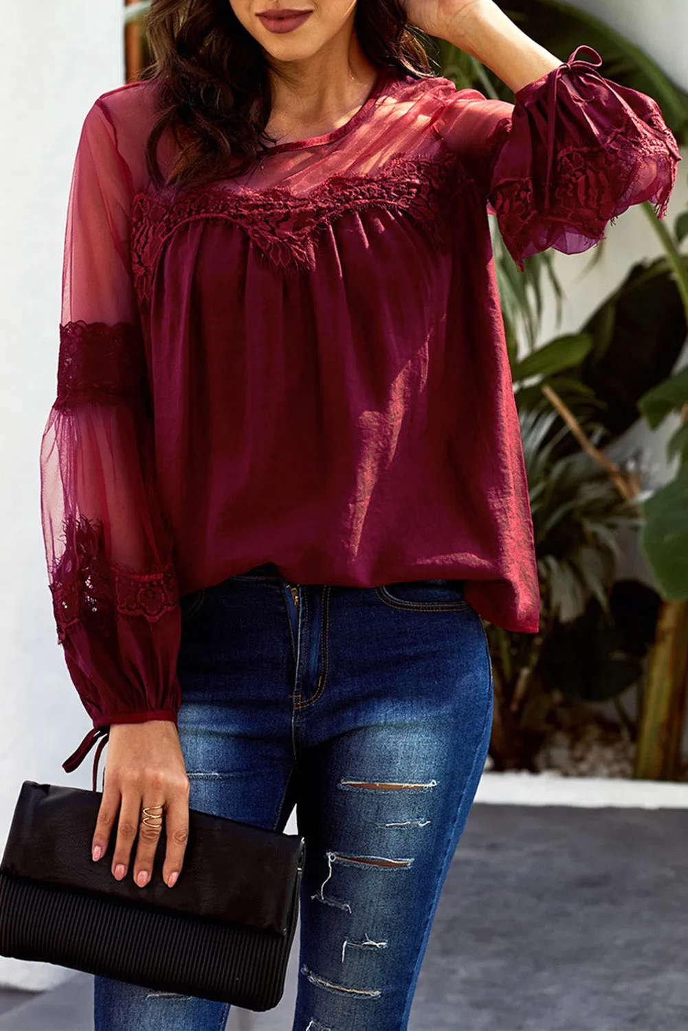 Red Fashion Lantern-Sleeve Lace Patchwork Top