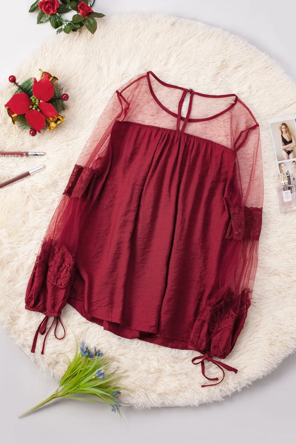 Red Fashion Lantern-Sleeve Lace Patchwork Top