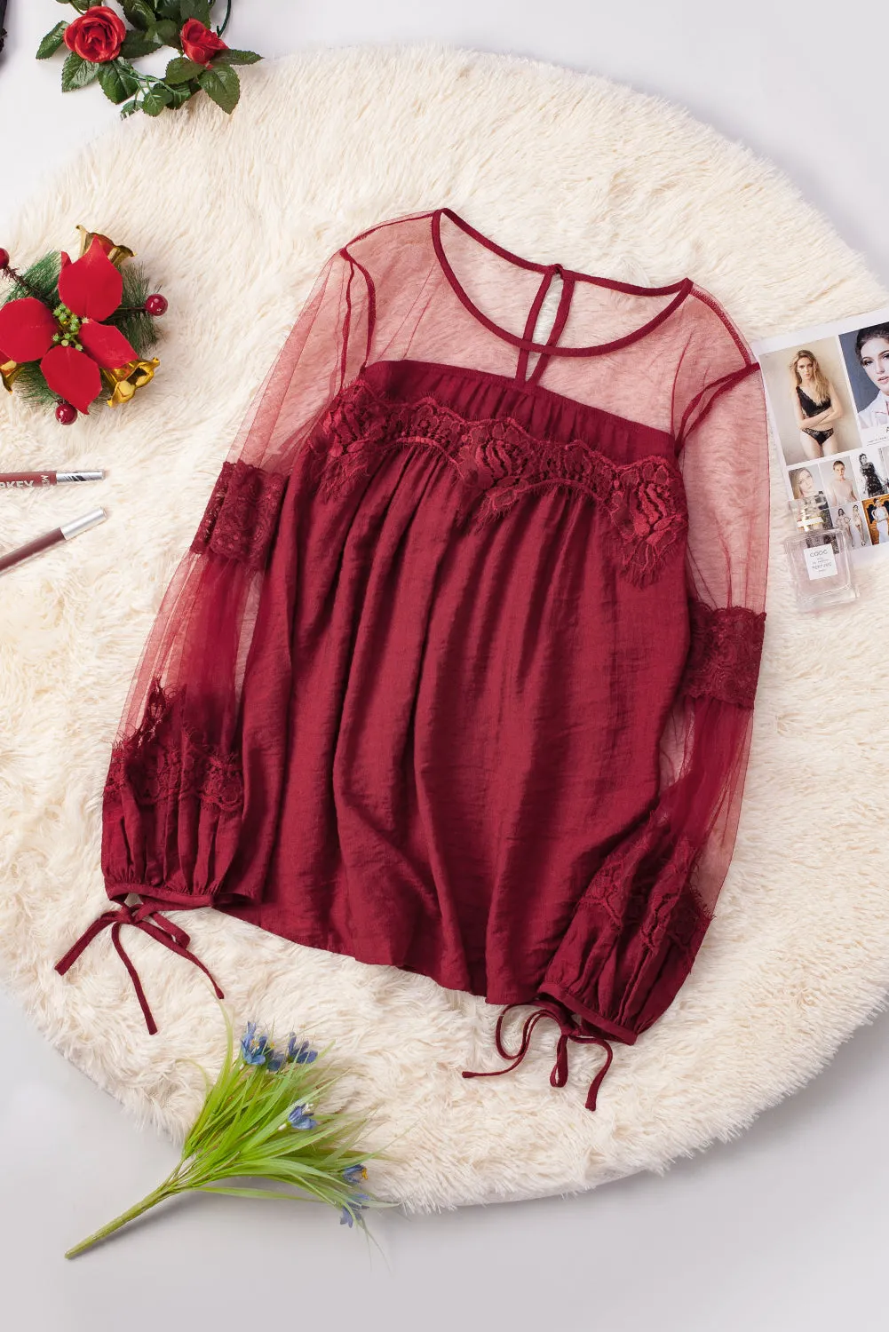 Red Fashion Lantern-Sleeve Lace Patchwork Top