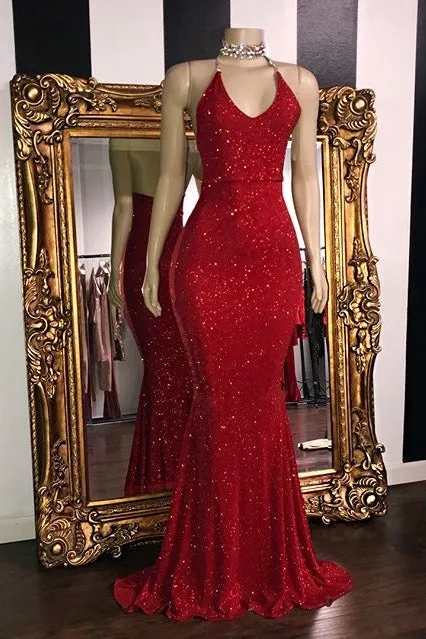 Red Long Mermaid Spaghetti Straps Sequin Backless Prom Dress