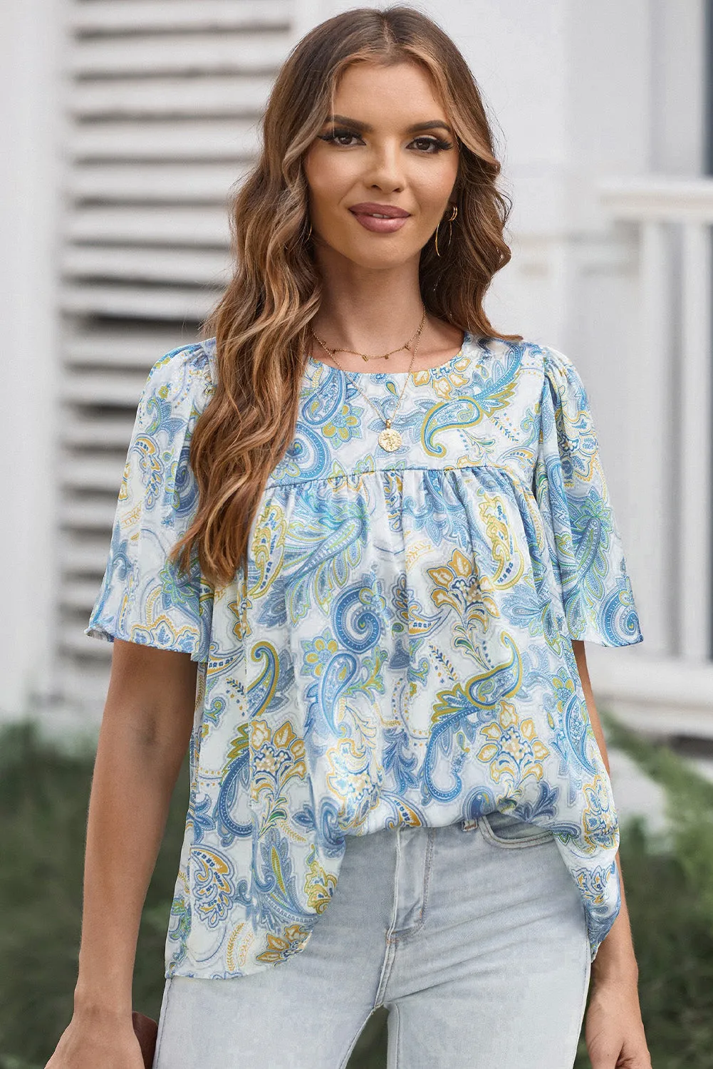 Sky Blue Paisley Print Wide Sleeves Loose Blouse