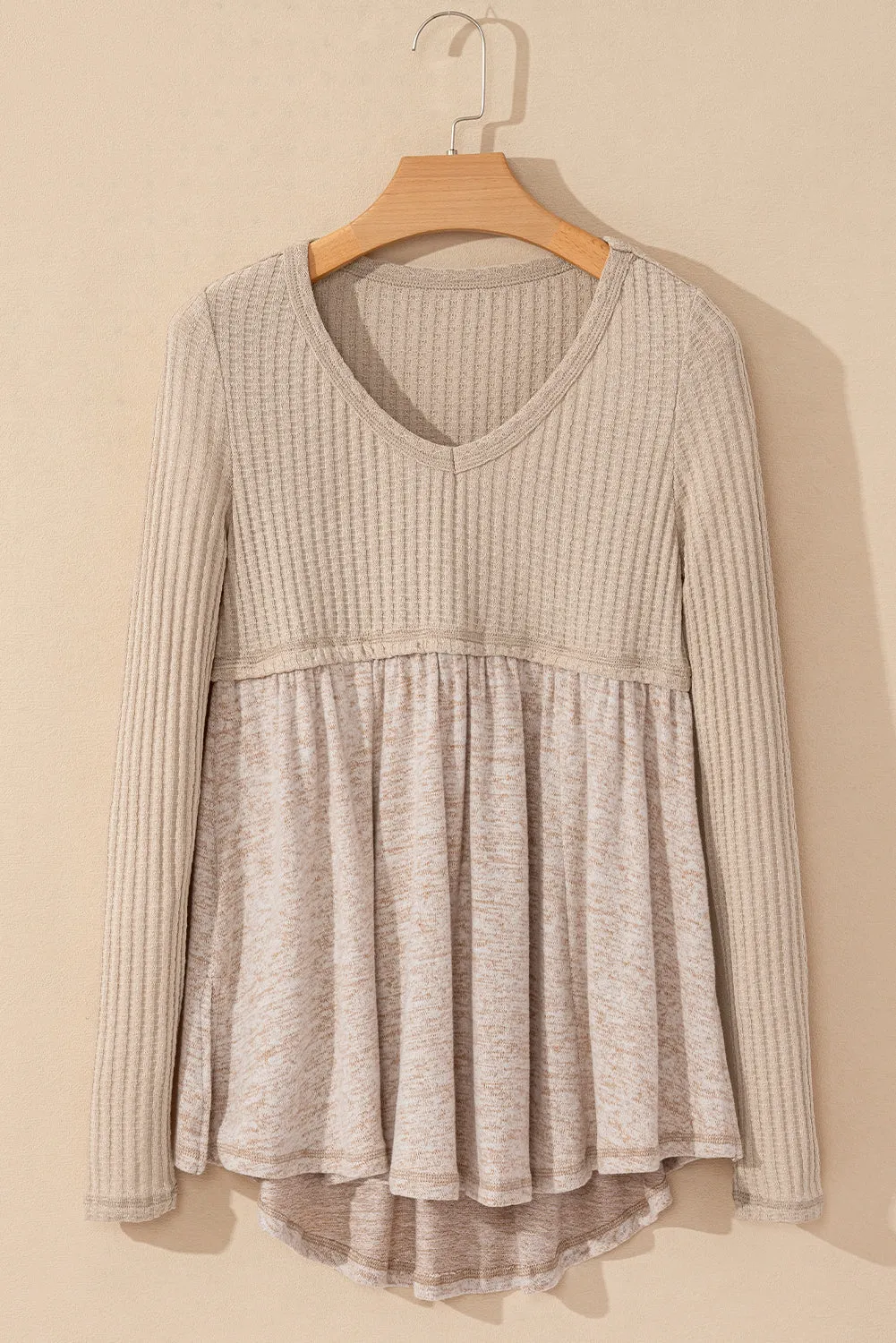 Smoke Gray Textured Long Sleeve V Neck Babydoll Top