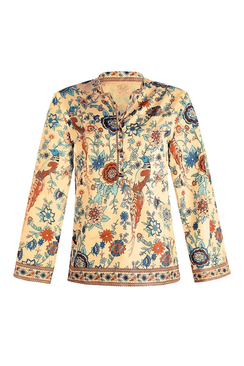 Street Print Patchwork Buttons Mandarin Collar Blouses - A Must-Have Addition