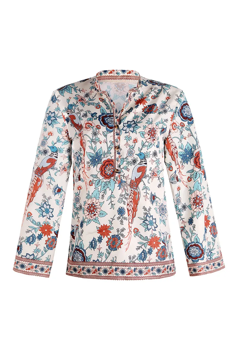 Street Print Patchwork Buttons Mandarin Collar Blouses - A Must-Have Addition