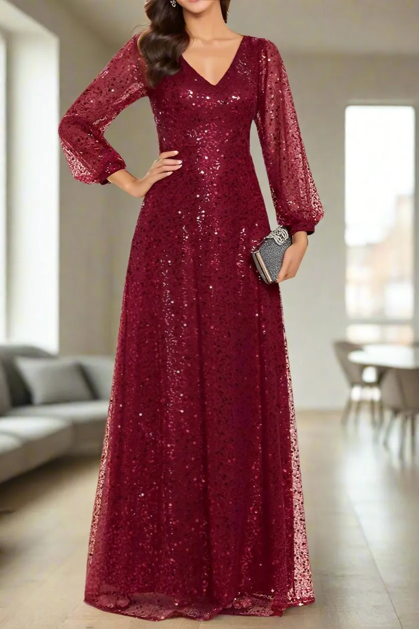 Stunning Long Sleeves A-Line V-Neck Sequins Mother of The Bride Dresses