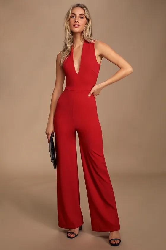 Thinking Out Loud Red Backless Jumpsuit