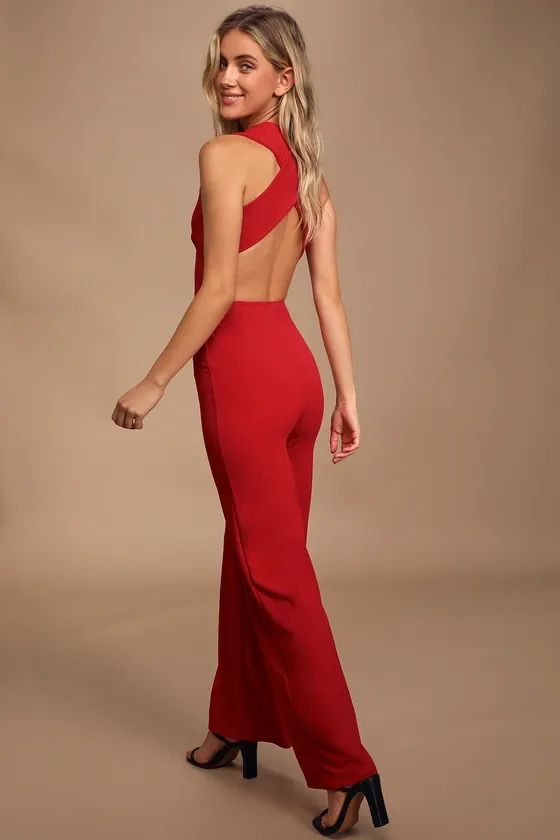 Thinking Out Loud Red Backless Jumpsuit