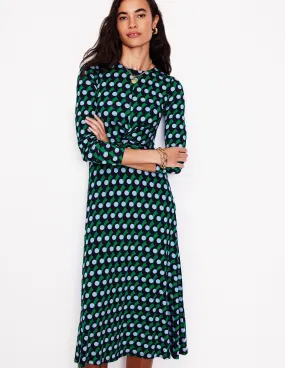 Twisted Waist Jersey Dress-Navy, Polka Wave