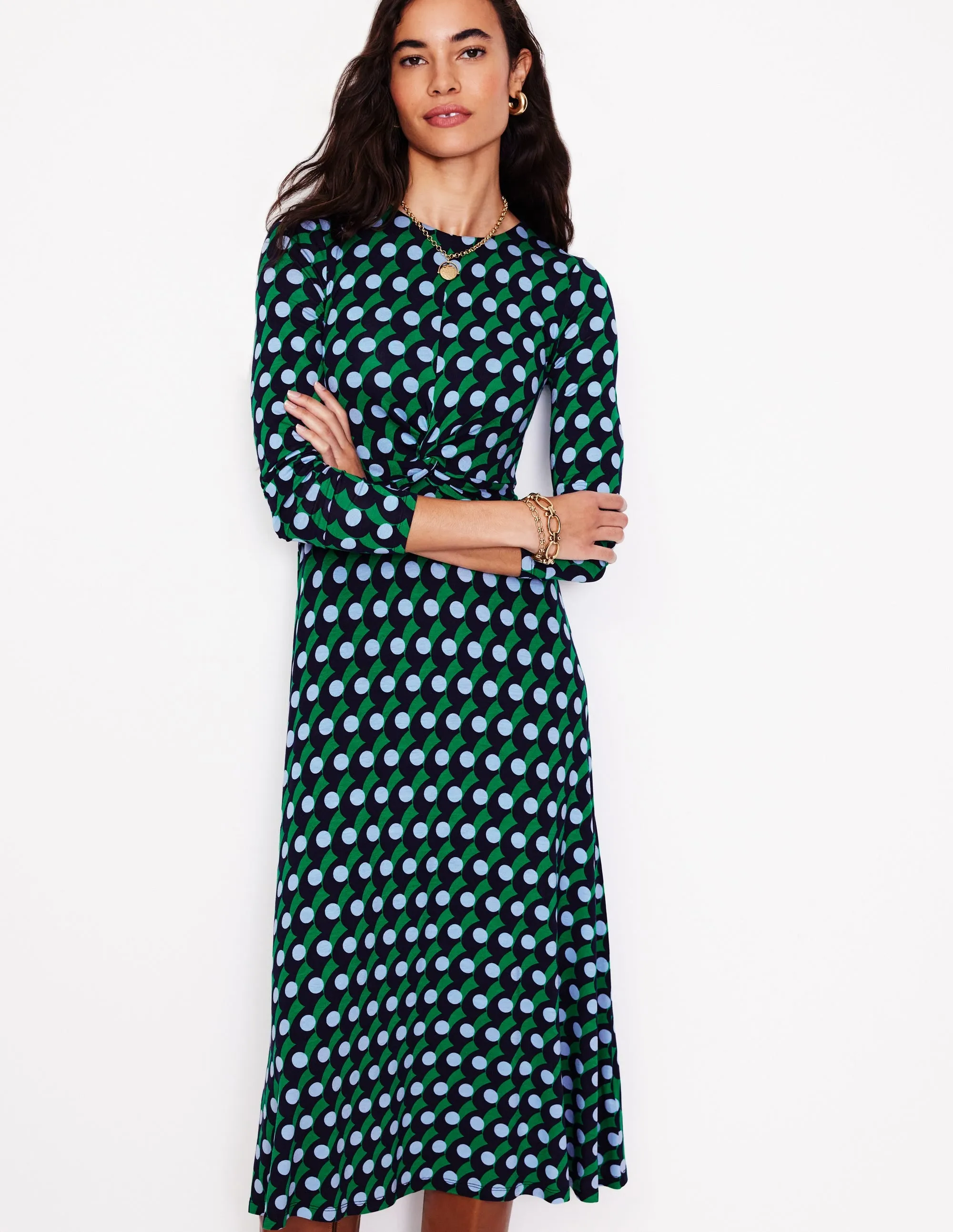 Twisted Waist Jersey Dress-Navy, Polka Wave