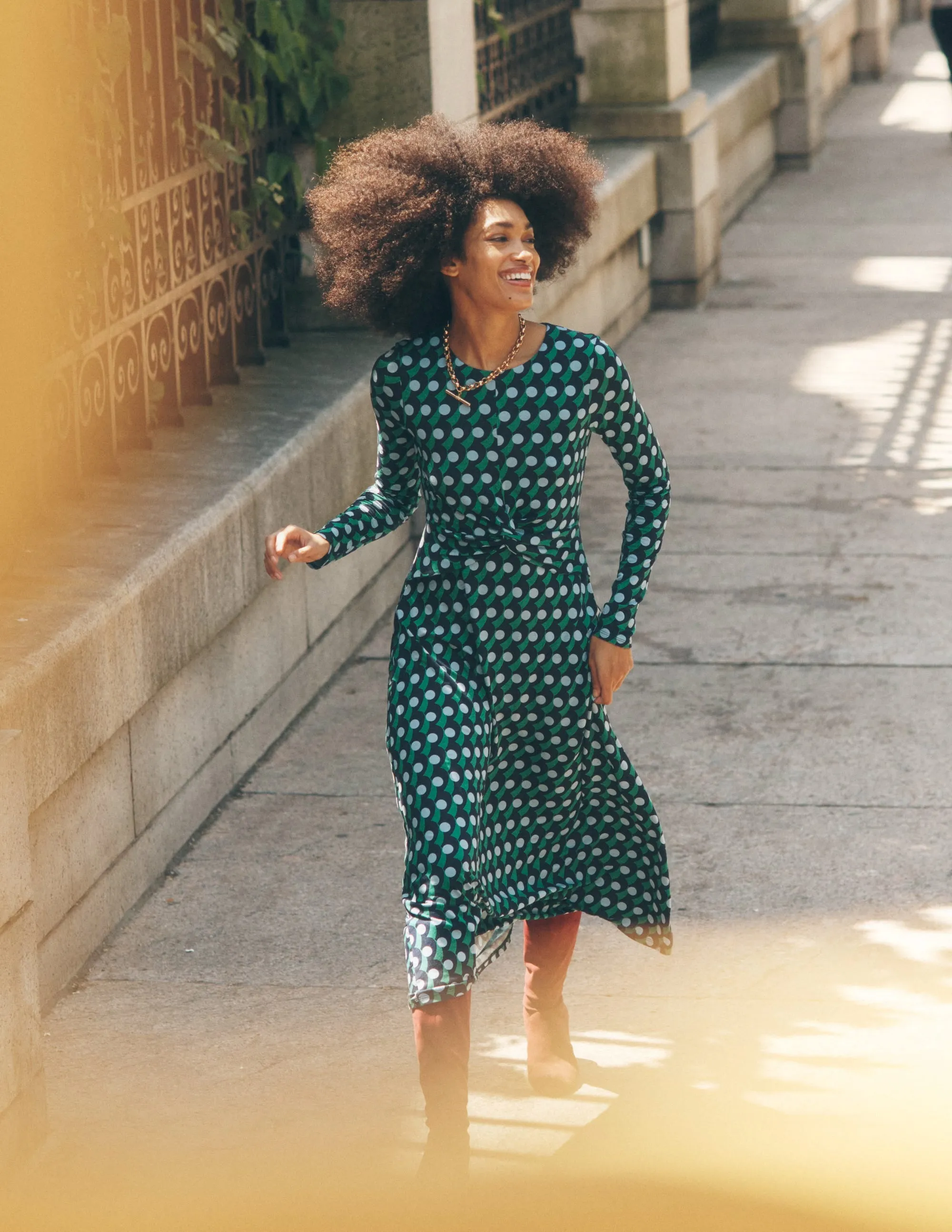 Twisted Waist Jersey Dress-Navy, Polka Wave