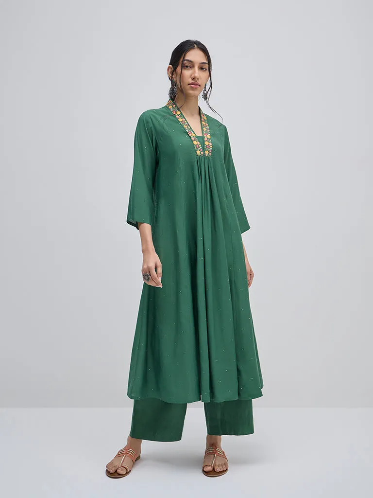 Utsa Dark Green High-Rise Ethnic Cotton Pants