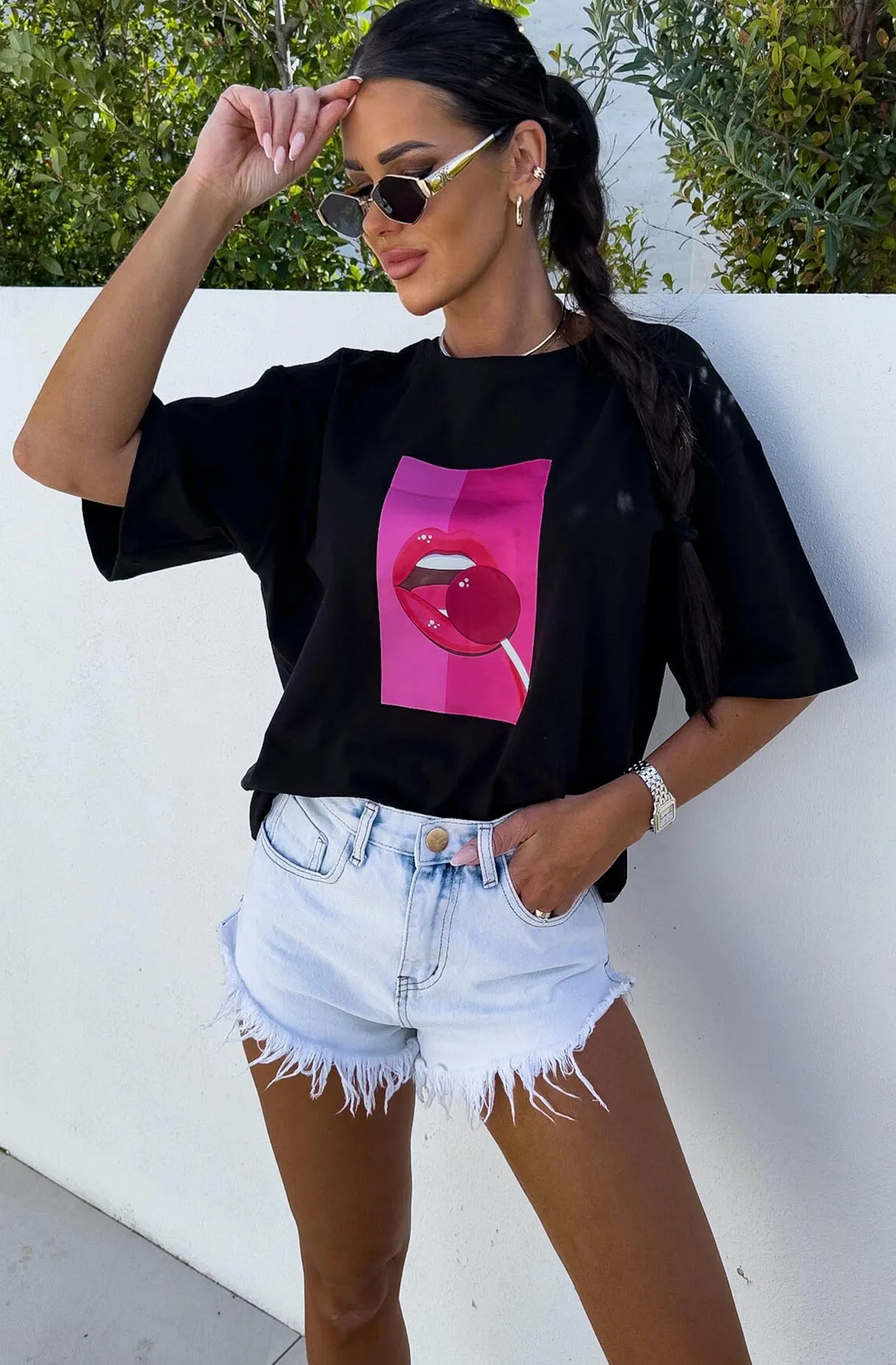 Viva Oversized Graphic Printed Padded T-Shirt Top-Black