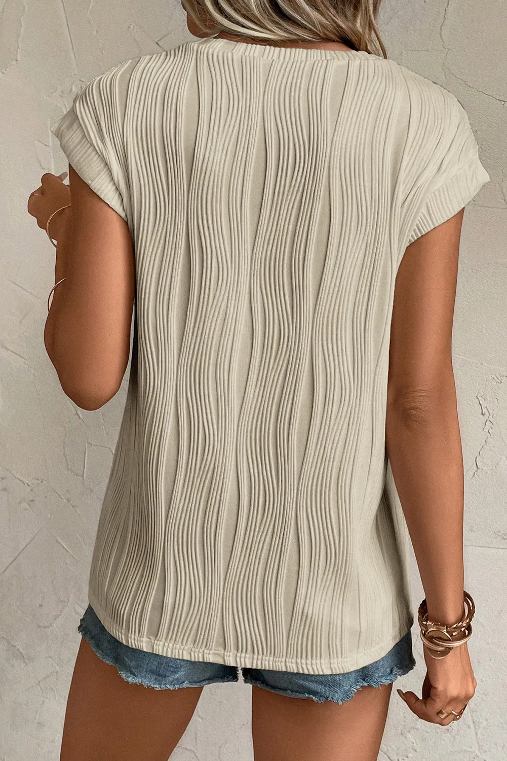 Wavy Texture Cap Sleeve Top