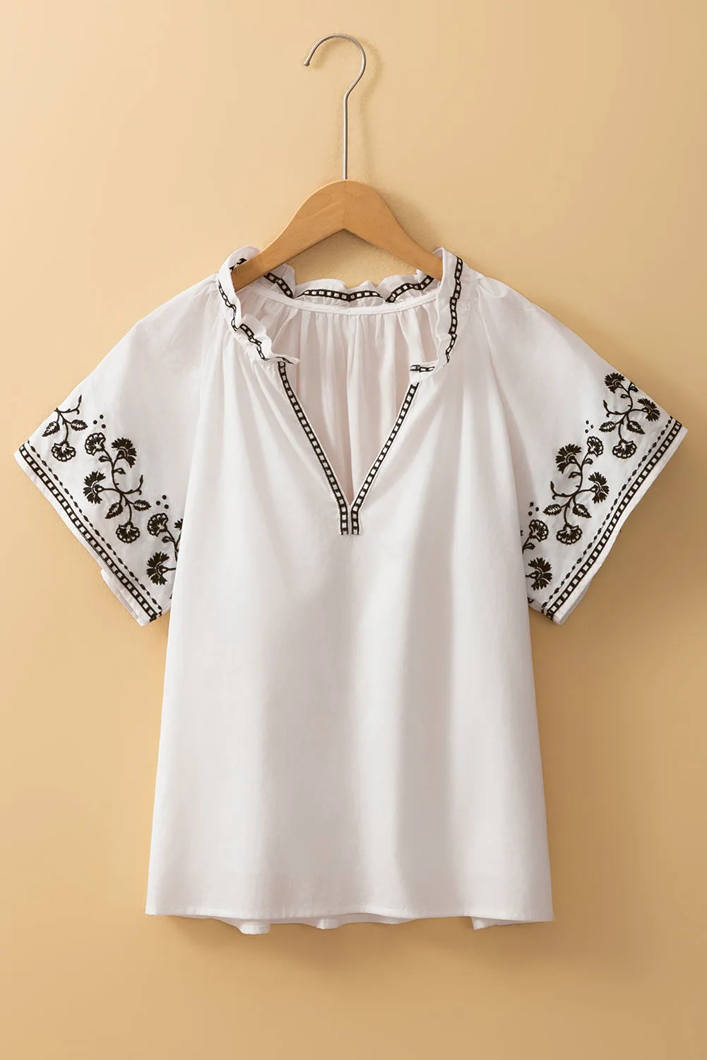 White Floral Embroidered Short Sleeve V Neck Blouse