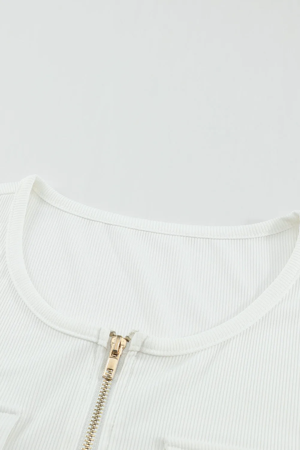 White Ribbed Zipper Long Sleeve Top