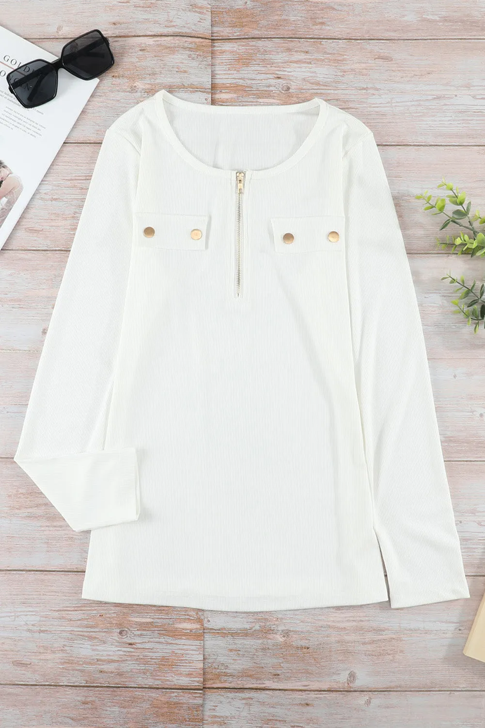 White Ribbed Zipper Long Sleeve Top