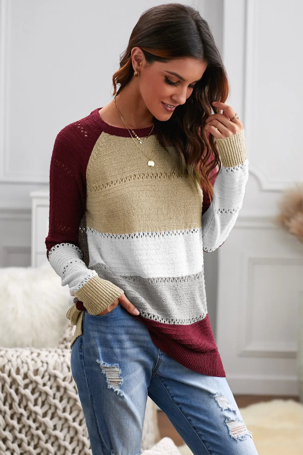 Wine Accent Knitted Color Block Long Sleeve Crew Neck Sweater