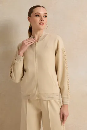 Women Beige Bomber Sweatshirt With Lace Trim