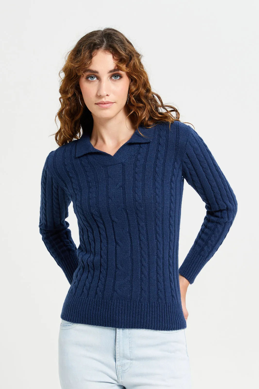 Women Navy Knitted Pullover